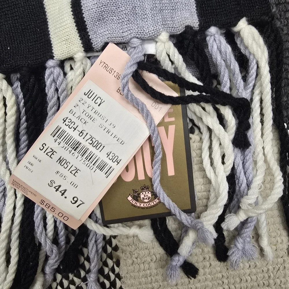 Juicy Couture House Of Juicy Scarf Wrap Fringed Gray‎ White Black Soft Warm NWT